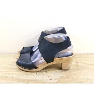 Moheda Sweden Victoria Clogs 8.5 Black Leather Wooden Peep Toe Heeled Sandals